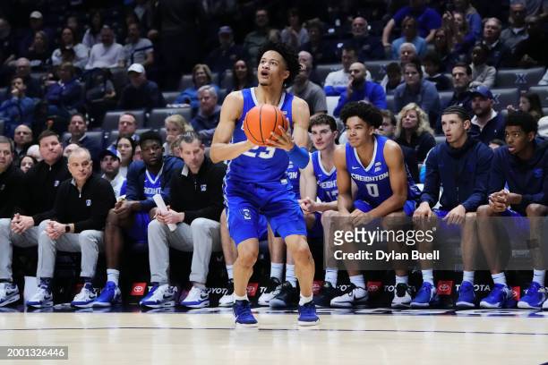 Trey Alexander of the Creighton Blue Jays attempts a shot in the second half against the Xavier Musketeers at the Cintas Center on February 10, 2024...