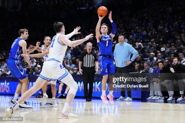 Steven Ashworth of the Creighton Blue Jays attempts a shot in the second half against the Xavier Musketeers at the Cintas Center on February 10, 2024...