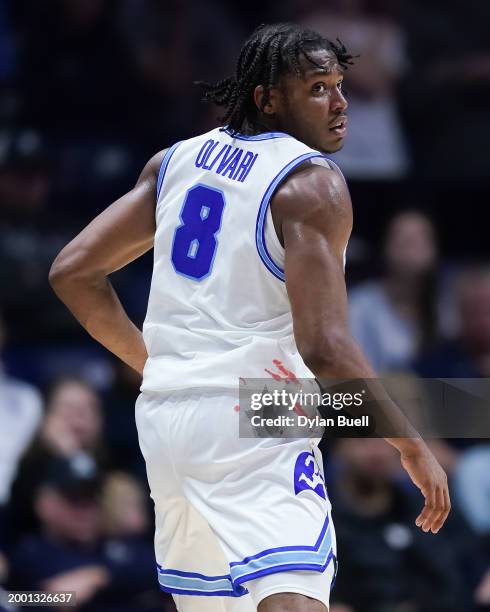 Quincy Olivari of the Xavier Musketeers jogs across the court in the second half against the Creighton Blue Jays at the Cintas Center on February 10,...