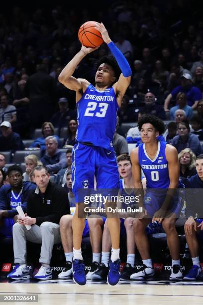 Trey Alexander of the Creighton Blue Jays attempts a shot in the second half against the Xavier Musketeers at the Cintas Center on February 10, 2024...