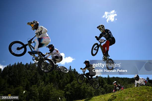 Kamren Larsen of USA and Alfredo Campo Vintimilla of Ecadour during the 2024 UCI BMX Racing World Cup on February 11, 2024 in Rotorua, New Zealand.