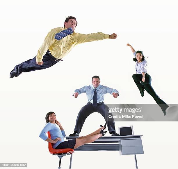 businessmen and women in different action posses - crazy man computer stock pictures, royalty-free photos & images