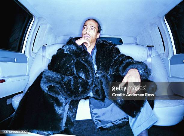 man in back of car, interior view - fur coat stockfoto's en -beelden