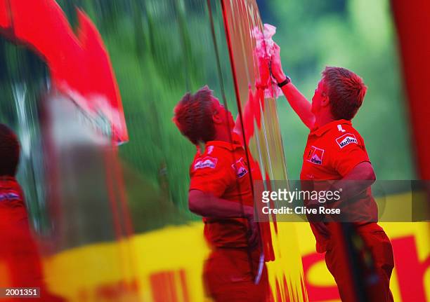 Ferrari paddock crew clean the motorhomes ready for the Austrian Grand Prix on May 15, 2003 at the A1 Ring in Spielberg, Austria.
