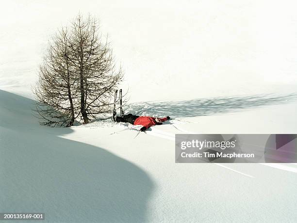 male skier lying on back in snow by tree, elevated view - funny snow skiing stock pictures, royalty-free photos & images