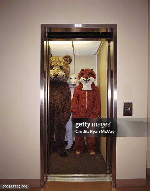 people in animal costumes riding elevator - crowded elevator stockfoto's en -beelden