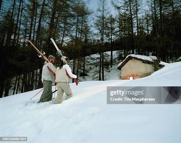 young couple walking through snow to chalet, holding skis, rear view - switzerland ski stock pictures, royalty-free photos & images