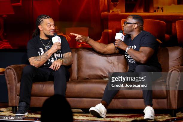 Channing Crowder and Shannon Sharpe speak onstage during The Volume - Nightcap Live Show with Shannon Sharpe and Chad Ochocinco at Redtail on...
