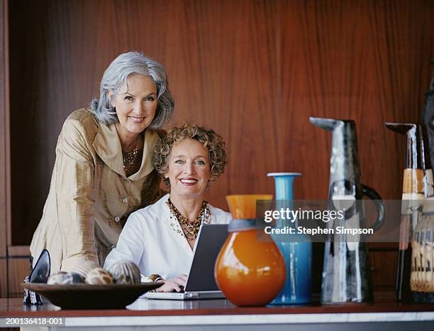 two mature businesswomen, one sitting at desk with laptop, portrait - kunsthändler stock-fotos und bilder