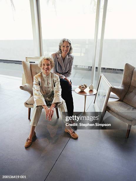 two mature women sitting on chair in house, portrait - art gallery owner stock pictures, royalty-free photos & images