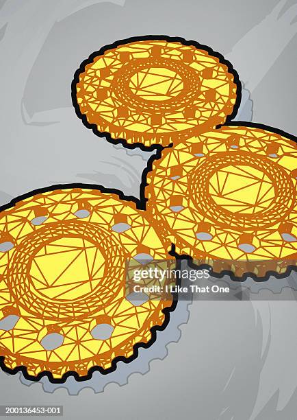 three joined serrated wheels - three gears stock illustrations