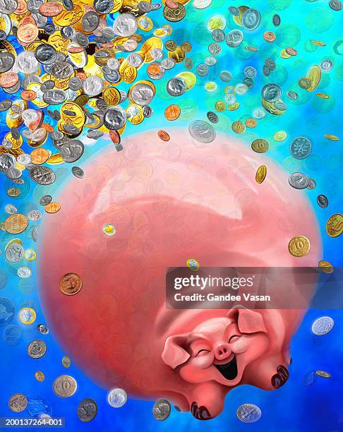 assorted international coins and piggy bank (digital composite) - pennies from heaven stock illustrations