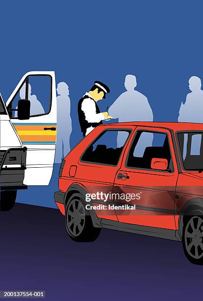 policeman and and silhouetted figures by parked vehicles - parking ticket on car stock illustrations
