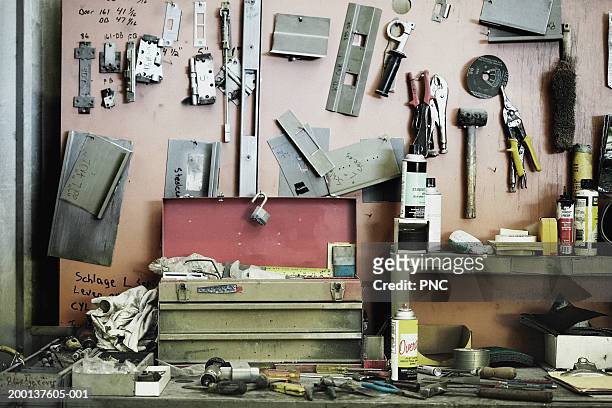 workbench cluttered with tools - shed stock pictures, royalty-free photos & images