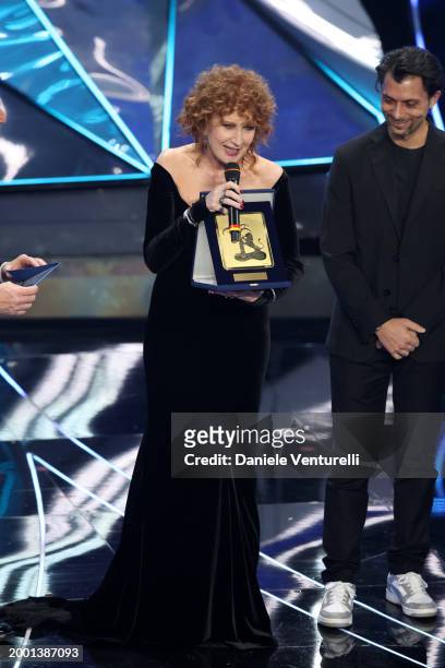 Fiorella Mannoia receives the Sergio Bardotti award during the 74th Sanremo Music Festival 2024 at Teatro Ariston on February 11, 2024 in Sanremo,...