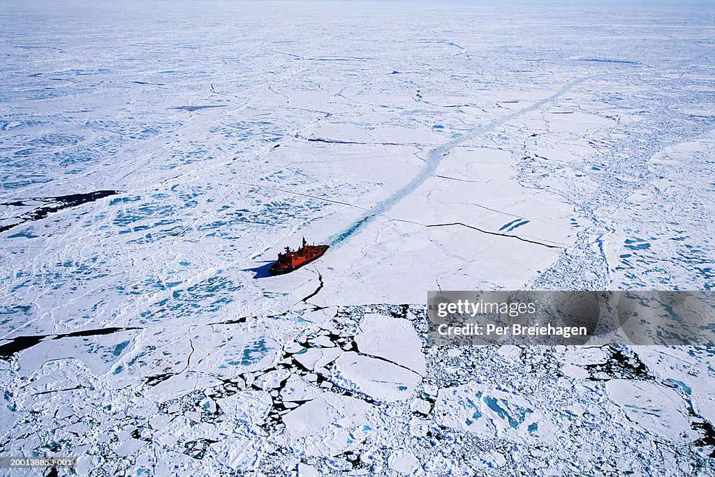 Russian nuclear icebreaker clearing path to North Pole, aerial view