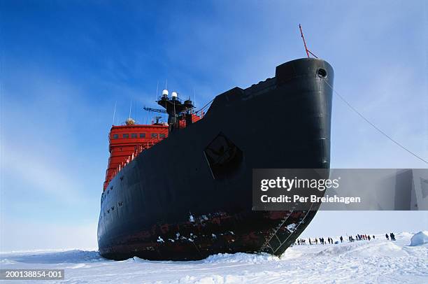 tourists with russian nuclear icebreaker on way to north pole - big vs little stock pictures, royalty-free photos & images