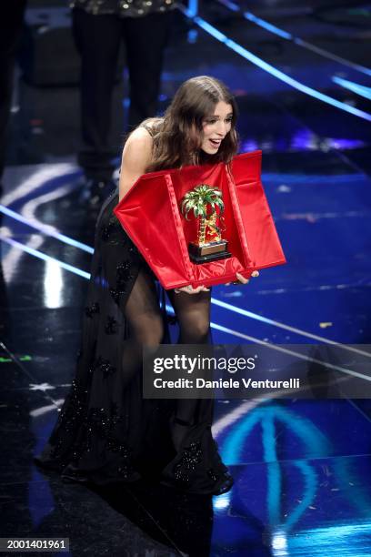 Angelina Mango with Leoncino D’Oro Award attends the 74th Sanremo Music Festival 2024 at Teatro Ariston on February 11, 2024 in Sanremo, Italy.