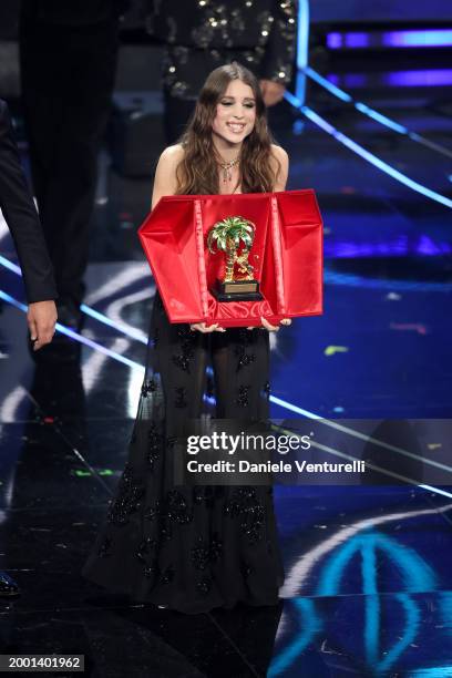 Angelina Mango with Leoncino D’Oro Award attends the 74th Sanremo Music Festival 2024 at Teatro Ariston on February 11, 2024 in Sanremo, Italy.