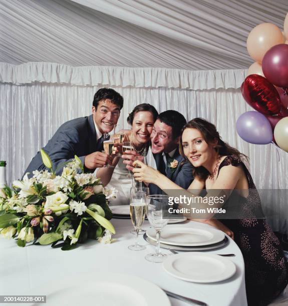 bridal party toasting champagne in marquee, smiling, portrait - beistand des bräutigams stock-fotos und bilder