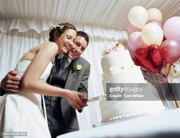 bride and groom cutting wedding cake in marquee, low angle view - wedding cake stock-fotos und bilder