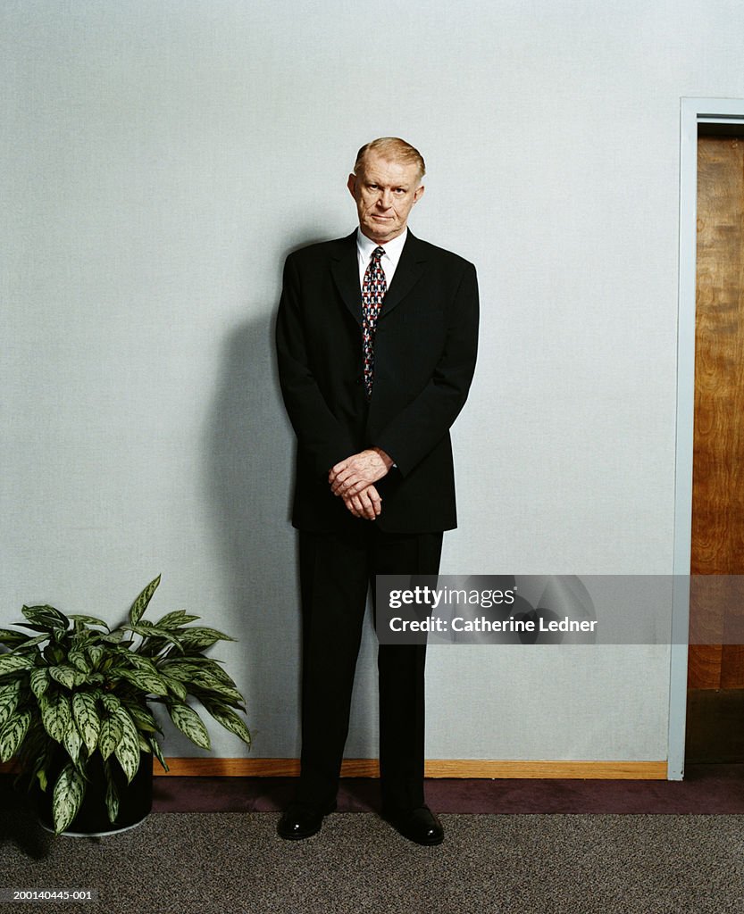 Mature businessman standing against wall, portrait