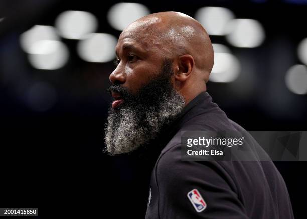 Head coach Jacque Vaughn of the Brooklyn Nets looks on in the first half against the San Antonio Spurs at Barclays Center on February 10, 2024 in the...