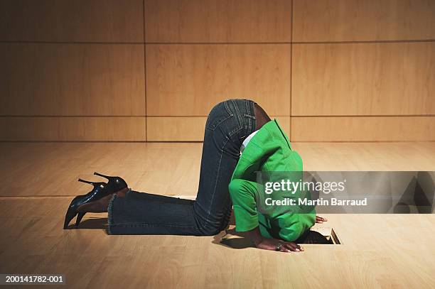 woman on knees looking through hole in floor - 頭隠して尻隠さず ストックフォトと画像