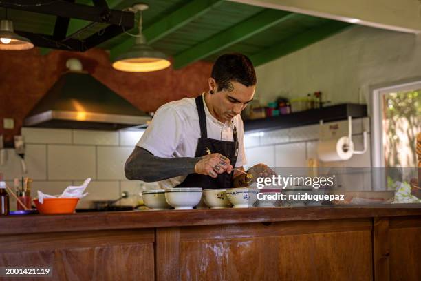 male chef plating food in plate while working in commercial kitchen - sabores stock pictures, royalty-free photos & images