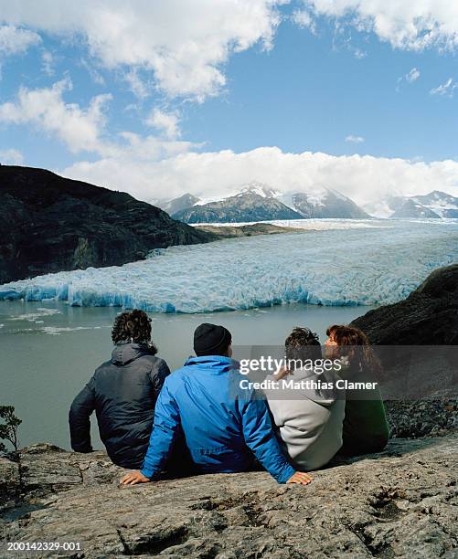 chile, torres del paine np, two couples on rock, rear view - torres del paine national park imagens e fotografias de stock