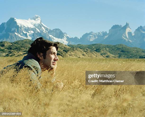 chile, torres del paine np, young man lying in grass, side view - allongé sur le devant photos et images de collection