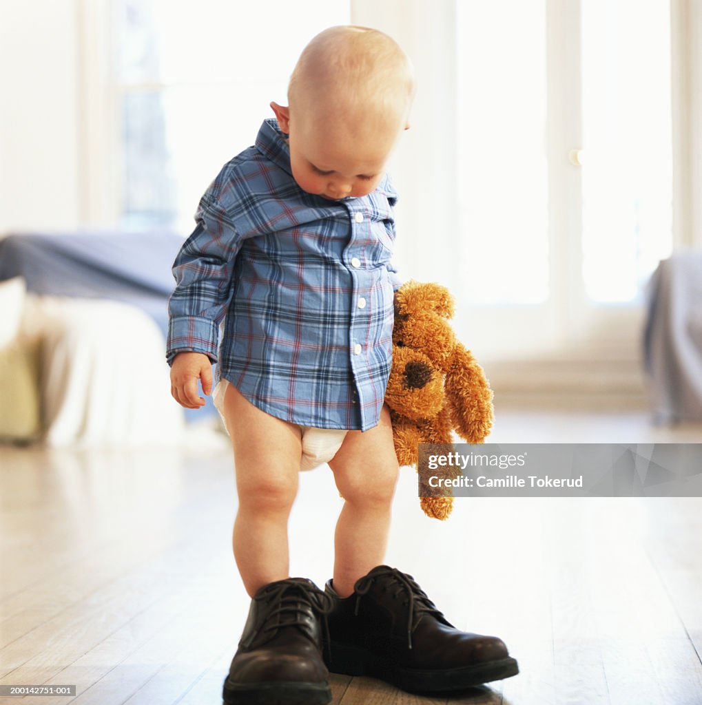 Baby boy (9-12 months) standing in adult's shoes, holding stuffed toy