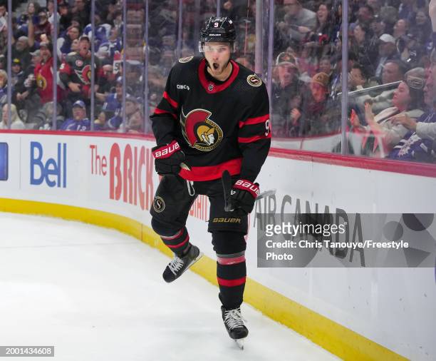 Josh Norris of the Ottawa Senators celebrates his second period goal against the Toronto Maple Leafs at Canadian Tire Centre on February 10, 2024 in...
