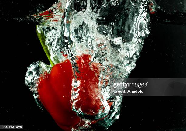 Red bell pepper is seen after splashing in water in Ankara, Turkiye on February 07, 2024.