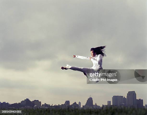 woman doing tae kwon do kick in park, low angle view - slaan met vuist stockfoto's en -beelden