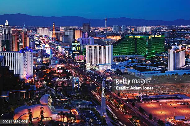 usa, nevada, las vegas, dusk, elevated view - excalibur hotel stock pictures, royalty-free photos & images