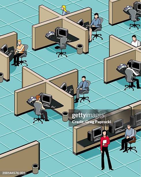 office cubicles, elevated view - open plan office stock illustrations