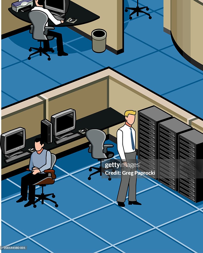 Businessmen in cubicle with server, elevated view