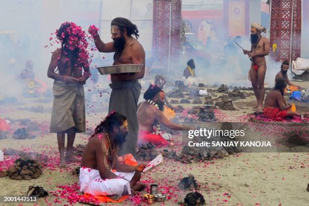 Sadhus or Hindu Holy men perform a ritual by burning dried cow dung at the Sangam, the confluence of rivers Ganges, Yamuna and mythical Saraswati on...