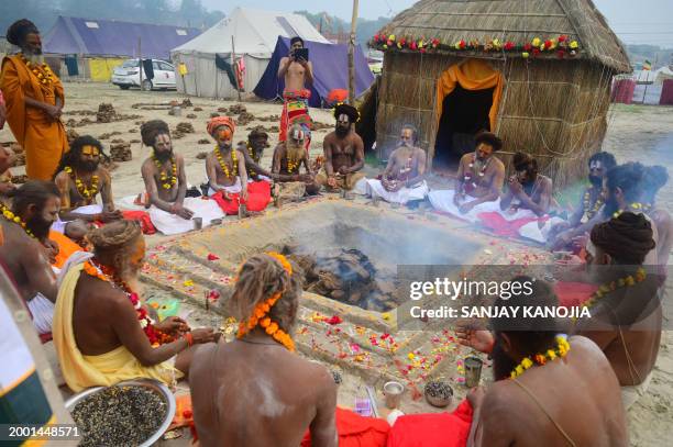 Sadhus or Hindu Holy men perform a ritual at the Sangam, the confluence of rivers Ganges, Yamuna, and mythical Saraswati on the auspicious day of...