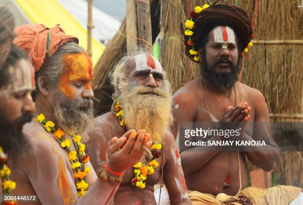 Sadhus or Hindu Holy men perform a ritual at the Sangam, the confluence of rivers Ganges, Yamuna, and mythical Saraswati on the auspicious day of...