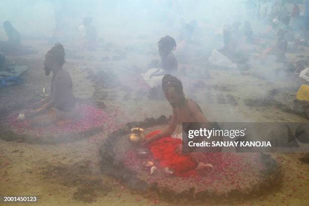 Sadhus or Hindu Holy men perform a ritual by burning dried cow dung at the Sangam, the confluence of rivers Ganges, Yamuna and mythical Saraswati on...