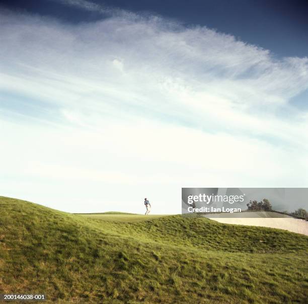 two men playing golf, one man holding flag - golf bunker stock-fotos und bilder