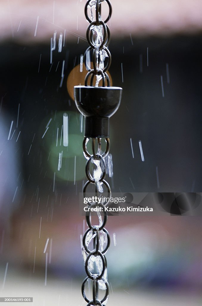 Downspout chain catching falling rain, close-up