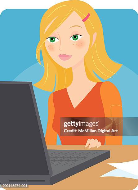 teenage girl working on laptop computer - only teenage girls stock illustrations