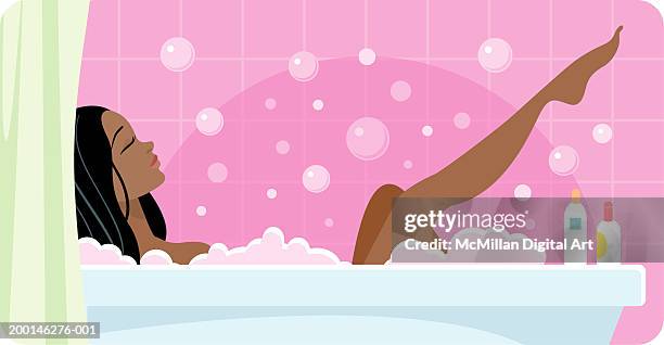 illustrations, cliparts, dessins animés et icônes de woman relaxing in bubble bath - carrelage salle de bain