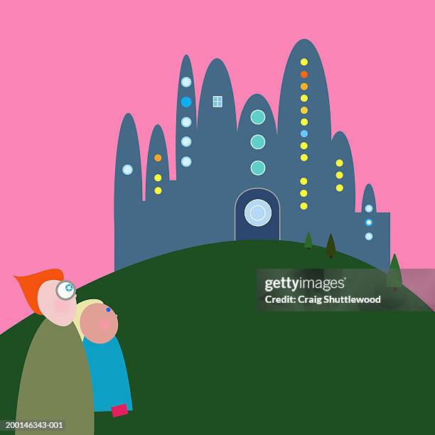 two figures looking at building on hill - ground ginger stock illustrations
