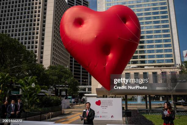 Hong Kong Chief Executive John Lee is speaking at the Chubby Hearts Kick Off Ceremony in Hong Kong, on February 14, 2024. The Chubby Hearts Project...