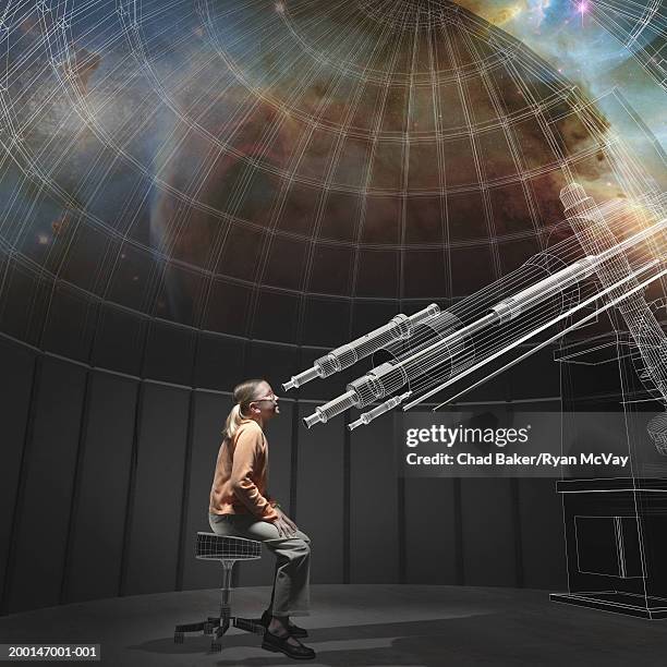 girl (10-12) looking through telescope (digital composite) - astronomia imagens e fotografias de stock