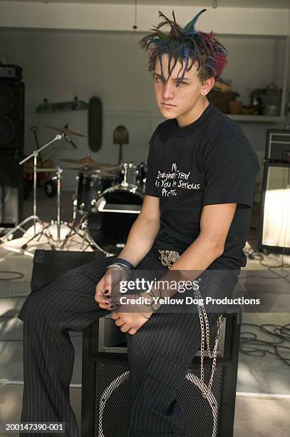 teenage boy (15-17) sitting on amp in garage, portrait - drummer boy stock pictures, royalty-free photos & images